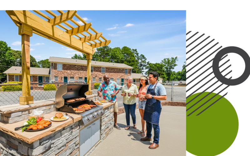 Residents enjoying the outdoor grilling station and covered pergola at Retreat at Kannapolis Apartments in Kannapolis, NC, featuring a stone BBQ area and inviting community space for social gatherings near Downtown Kannapolis.